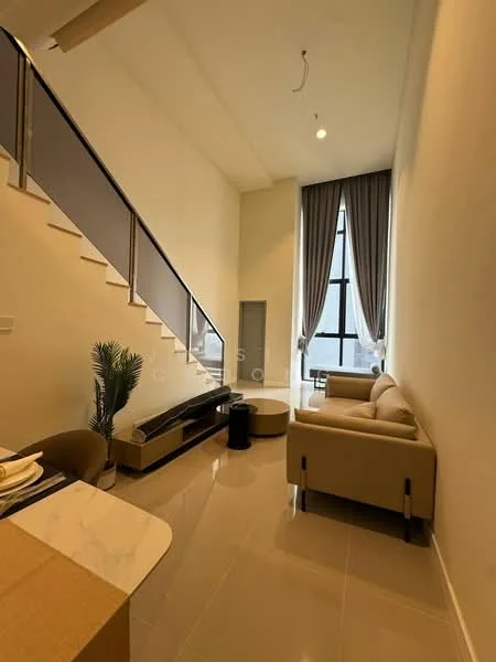Living features: cream painted walls, high ceiling, large floor-to-ceiling windows, curtains, light-colored sofa, coffee table, TV console, decorative plant, marble flooring, staircase with metal railing; style: modern.