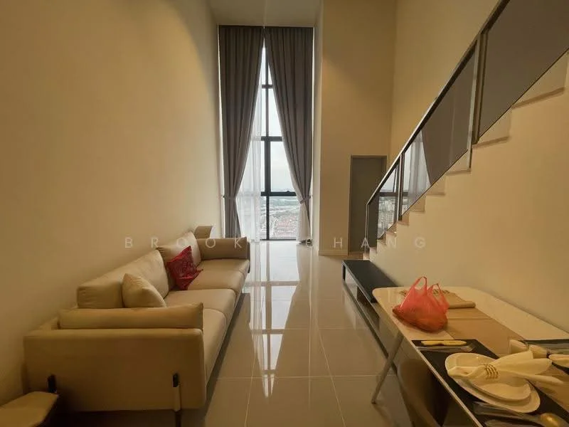 Living features: cream fabric sofa, red accent pillow, glass coffee table, white dining table, white dining chairs, floor-to-ceiling windows, grey curtains, polished tile flooring, high ceiling, open layout, city view; style: modern; view: city.
