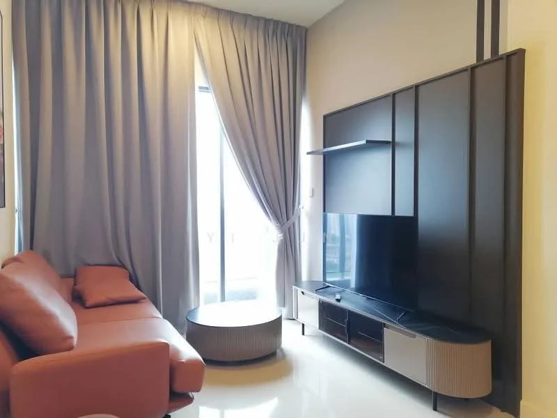 Living features: orange leather sofa, round coffee table, wall-mounted TV, TV console with storage, floor-to-ceiling windows, sheer curtains, grey wall, polished tile flooring; style: modern.