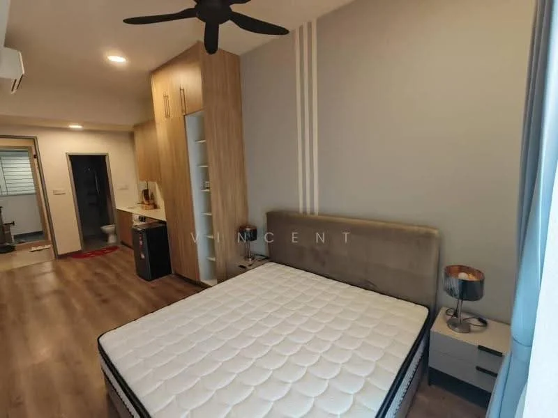 Bedroom features: queen-size bed, upholstered headboard, nightstand with lamp, wooden flooring, built-in wardrobe, ceiling fan, recessed lighting, neutral wall color, window with curtain, open layout to adjacent area; style: modern.