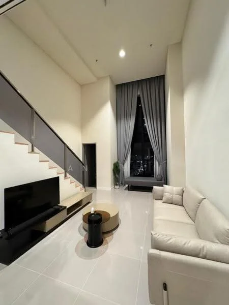Living features: cream leather sofa, round coffee table, black side table, wall-mounted TV, white painted walls, glossy tile flooring, floor-to-ceiling windows, sheer curtains, staircase with wooden steps, indirect lighting, decorative plant; style: modern; view: city.