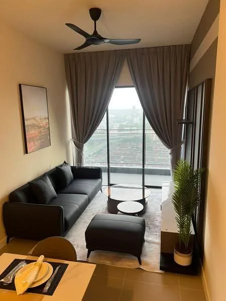 Living features: black fabric sofa, round coffee table, area rug, floor-to-ceiling windows, curtains, ceiling fan, decorative plant, TV console; style: modern; view: city.