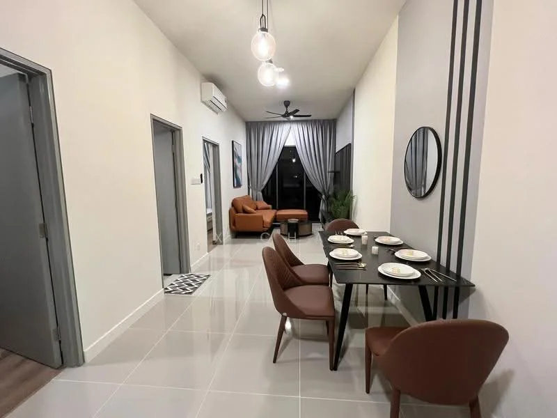 Dining features: black dining table, 4 upholstered dining chairs in brown, white plates on the table, cutlery on the table, pendant lighting above the table, grey walls, large round mirror on the wall, floor-to-ceiling windows, curtains, air conditioning unit on the wall, wooden flooring; style: modern; view: city. Living features: brown armchair, decorative plant, wall-mounted artwork, ceiling fan, recessed lighting; style: modern; view: city. Room features: grey painted walls, tile flooring.
