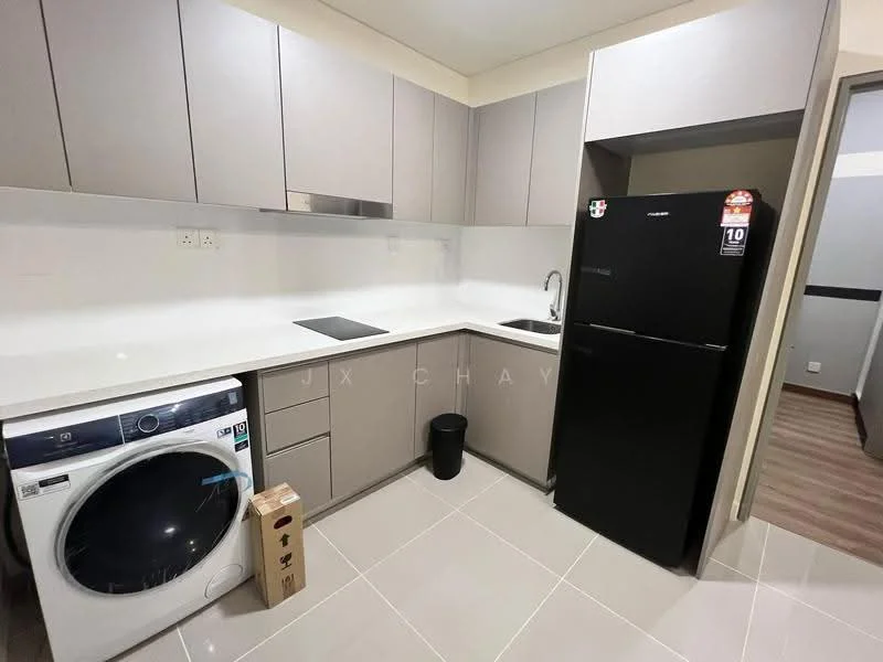 Kitchen features: grey cabinetry, white quartz countertop, single-bowl stainless-steel sink, chrome pull-down faucet, built-in stove with exhaust hood, front-load washing machine, black refrigerator, tile flooring, wall-mounted cabinets, black trash bin; style: modern.