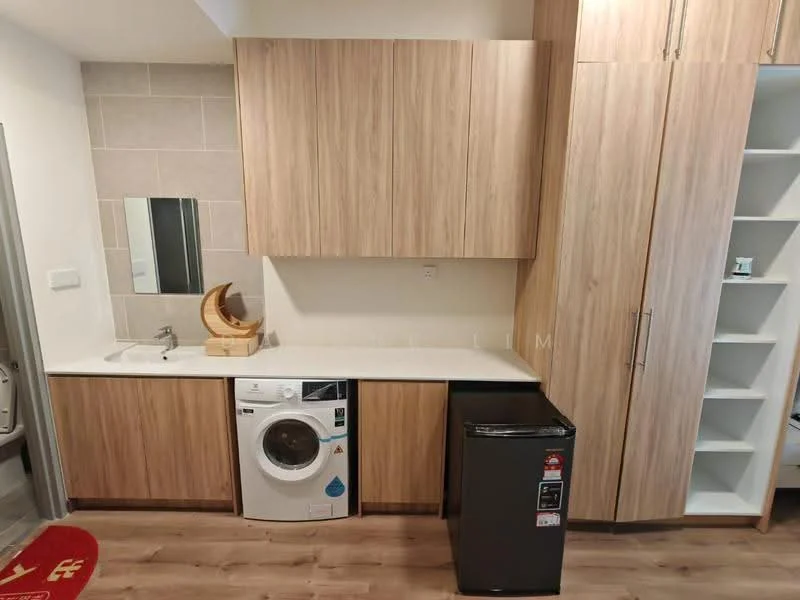 Laundry features: white washing machine, black fridge, light wood cabinetry, white countertop, mirror above sink, grey tiled backsplash, laminate flooring, decorative wooden sculpture; style: modern.