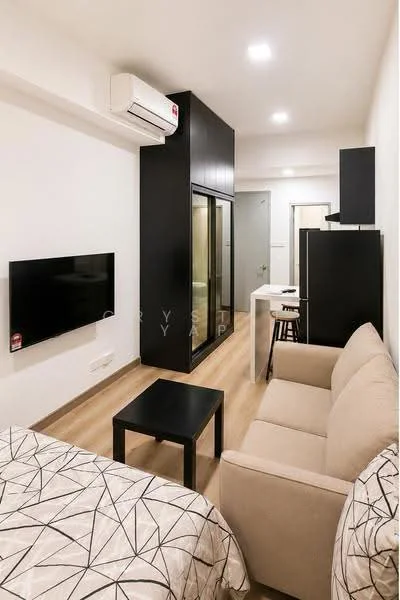 Living features: light wood flooring, white painted walls, 1 wall-mounted split AC, sofa in beige, black coffee table, wall-mounted TV, black storage unit, glass sliding door, dining table for 2, recessed downlights; style: modern. Room features: bed with patterned bedding, floor-to-ceiling windows.