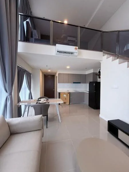 Living features: light grey fabric sofa, round coffee table, dining table for four, grey dining chairs, floor-to-ceiling windows, sheer curtains, recessed downlights, wall-mounted split AC, open-plan layout, tile flooring, white walls, kitchen cabinetry, black refrigerator; style: modern.