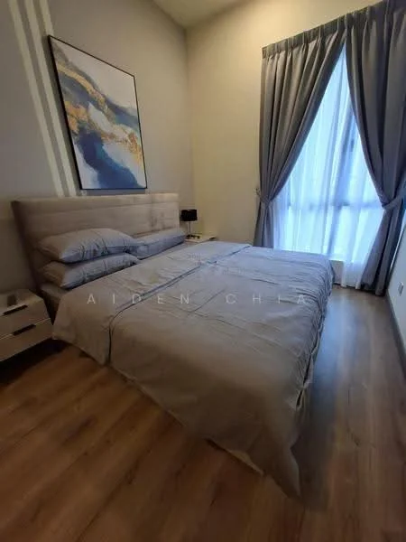 Bedroom features: king-size bed with upholstered headboard, light grey bedding, two bedside tables, table lamp on bedside table, floor-to-ceiling window, sheer curtains, wooden flooring, framed artwork on wall, decorative wall paneling; style: modern.