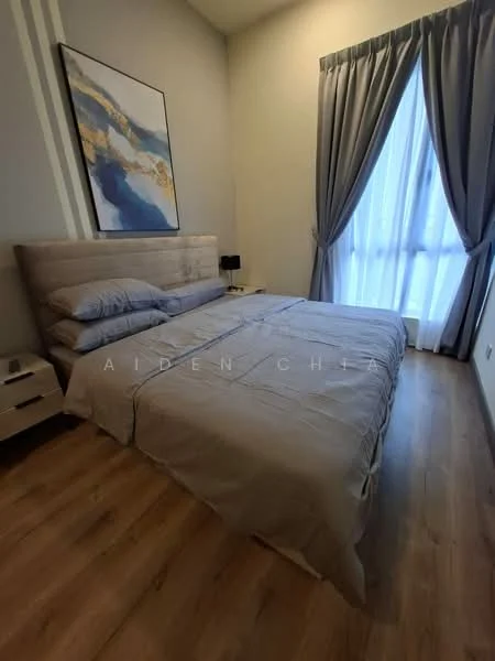 Bedroom features: queen-size bed with beige upholstered headboard, light grey bedding, two bedside tables with drawers, table lamp on bedside table, large window with sheer curtains, wooden flooring, framed artwork on wall, decorative wall paneling; style: modern.