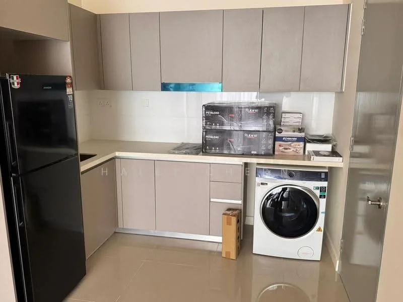 Kitchen features: light grey cabinetry, black fridge, single-bowl stainless-steel sink, chrome pull-down faucet, white countertop, built-in oven, front-load washing machine, ceramic tile flooring, recessed downlights, tile backsplash; style: modern.