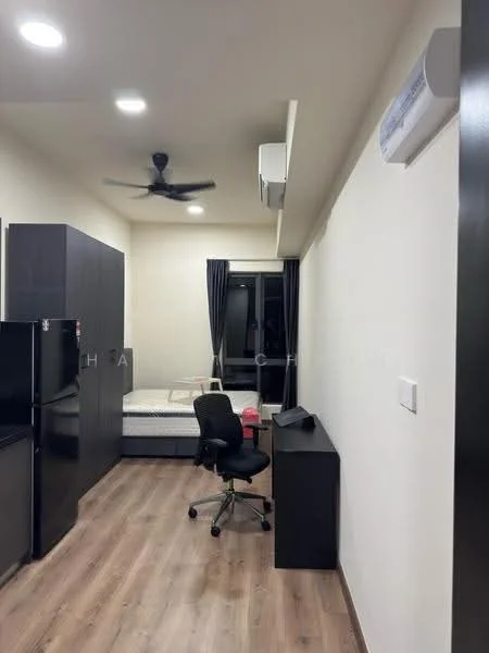 Room features: light wood laminate flooring, white painted walls, ceiling fan, 1 wall-mounted split AC, black desk, black office chair, black refrigerator, bed frame without mattress, black curtains, recessed downlights; style: modern.