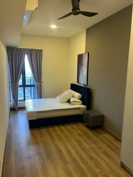 Bedroom features: queen-size bed, upholstered headboard, bedside table, floor-to-ceiling window, curtains, wooden flooring, ceiling fan, wall-mounted air conditioning unit, decorative artwork, neutral wall color, light fixture; style: modern; view: city.