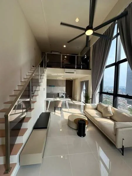 Living features: large floor-to-ceiling windows, grey curtains, white walls, polished tile flooring, 3-seater fabric sofa in cream, black coffee table, ceiling fan with light, open staircase with metal railing, decorative plant, wall-mounted TV, shelf unit, recessed lighting; style: modern; view: city.