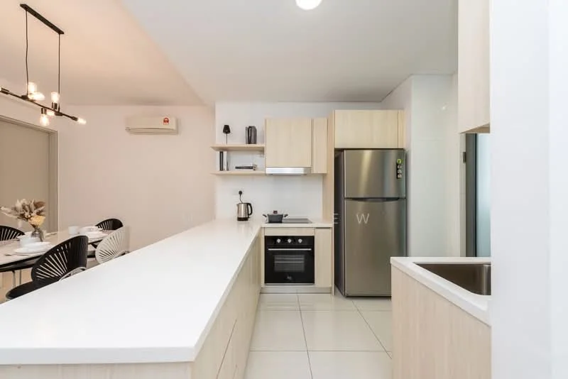Kitchen features: white quartz countertop, light wood cabinetry, stainless-steel fridge, built-in oven, 4-burner gas hob, single-bowl stainless-steel sink, chrome pull-down faucet, open shelving, pendant lighting, wall-mounted split AC, ceramic tile flooring, white tiled backsplash; style: modern.