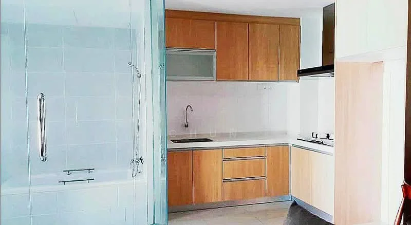 Kitchen features: light wood cabinetry, white countertop, single-bowl stainless-steel sink, chrome pull-down faucet, built-in oven, 4-burner gas hob, tile backsplash, recessed downlights, ceramic tile flooring; style: modern. Bathroom features: bathtub with glass enclosure, chrome grab bars, white tiled walls, white tiled flooring; style: modern.