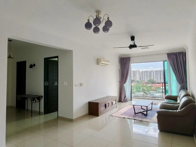 Living features: 3-seater leather sofa, coffee table, TV console, wall-mounted TV, area rug, 5-blade ceiling fan with light, floor-to-ceiling windows, curtains, air conditioning unit, glossy tile flooring, neutral painted walls; style: modern; view: city. Room features: doorway leading to hallway, wall-mounted light fixture.