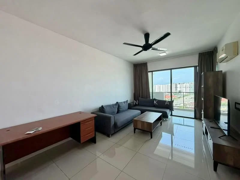 Living features: 3-seater fabric sofa in grey, L-shape sectional sofa, coffee table, TV console, wall-mounted TV, floor-to-ceiling windows, curtains, ceiling fan, air conditioning unit, glossy tile flooring, white painted walls; style: modern; view: city.