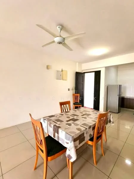 Dining features: square dining table with patterned tablecloth, 4 wooden dining chairs, white ceiling fan, cream painted walls, glossy tile flooring, refrigerator visible in background, doorway leading to another room, light source from ceiling.