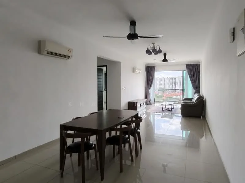 Living features: white painted walls, glossy tile flooring, 5-blade ceiling fan with light, recessed LED downlights, floor-to-ceiling windows, sliding glass door, curtains, sofa in beige, coffee table, dining table with 4 chairs, air conditioning unit; style: modern; view: city.