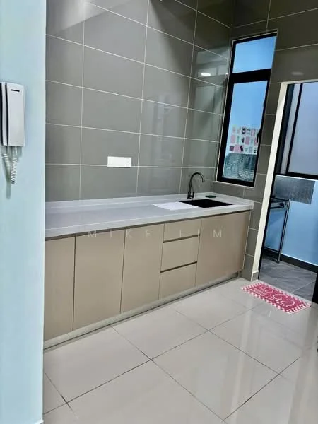 Kitchen features: grey tiled walls, white countertop, single-bowl stainless-steel sink, chrome pull-down faucet, beige cabinetry with flat-panel doors, floor-to-ceiling windows, white tiled flooring, pink area rug; style: modern; view: city.
