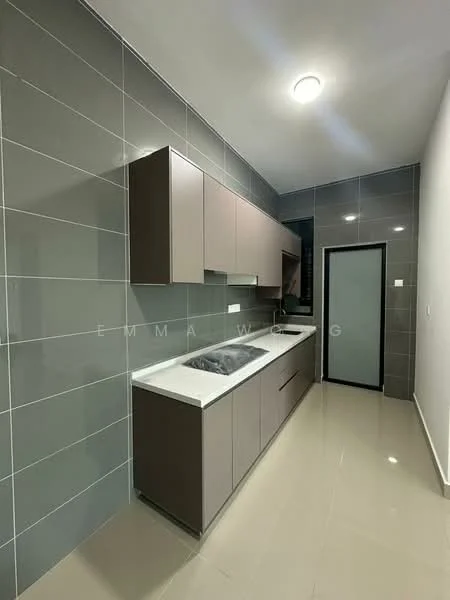 Kitchen features: grey tiled walls, white countertop, built-in cabinetry in brown, single-bowl stainless-steel sink, chrome pull-down faucet, recessed ceiling lights, sliding glass door, ceramic tile flooring; style: modern.