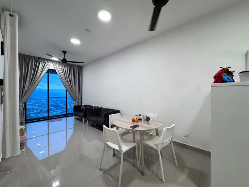 Dining features: round dining table, 4 white plastic dining chairs, floor-to-ceiling windows, grey curtains, white walls, polished tile flooring, 2 ceiling fans with lights, city view; style: modern; view: city.