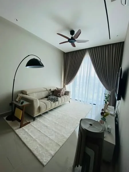Living features: 3-seater fabric sofa in beige, floor-to-ceiling windows with sheer curtains, 5-blade ceiling fan with light, area rug with geometric pattern, TV console, wall-mounted TV, decorative floor lamp, coffee table, decorative wall art, light-colored walls, polished tile flooring; style: modern; view: city.