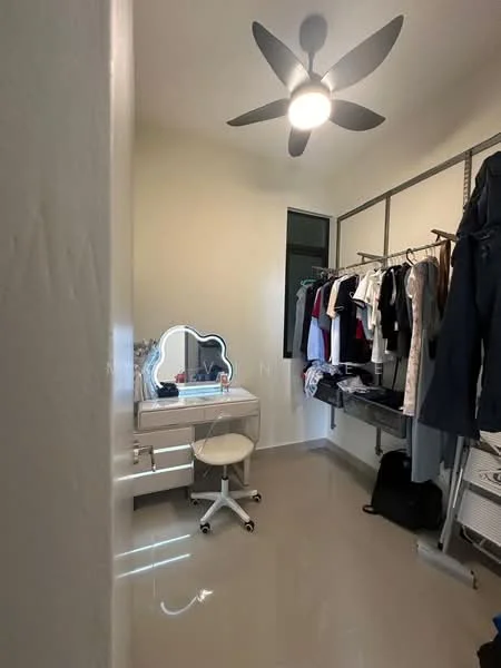 Room features: light grey walls, glossy tile flooring, 5-blade ceiling fan with light, built-in clothing rack, vanity table with mirror, white rolling chair, clothes hanging on rack, natural light from window; style: modern.