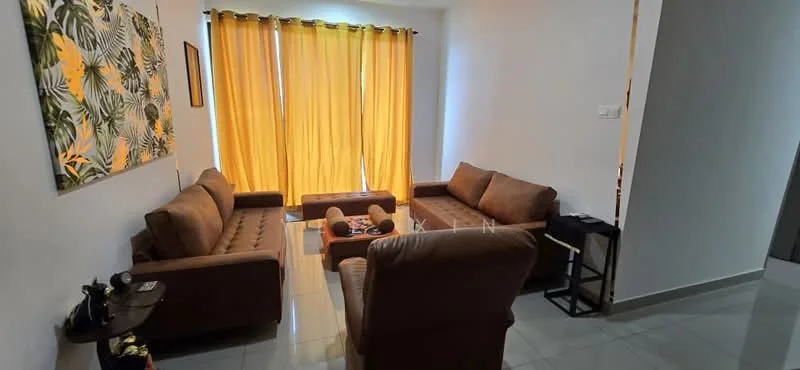 Living features: 2-seater fabric sofa in brown, 3-seater fabric sofa in brown, coffee table, side table, decorative artwork with tropical theme, floor-to-ceiling windows with sheer curtains, grey tiled flooring, wall-mounted light switch, decorative plants, wall-mounted artwork, yellow curtains; style: modern.