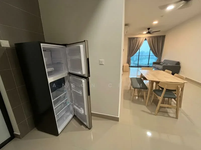 Room features: black fridge, dining table with wooden top, 4 wooden chairs, grey fabric sofa, floor-to-ceiling windows, curtains, ceiling fan, light-colored walls, glossy tile flooring; style: modern; view: city.