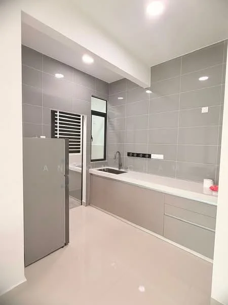 Kitchen features: grey tiled walls, white countertop, single-bowl stainless-steel sink, chrome pull-down faucet, built-in oven, fridge, cabinets with flat-panel design, recessed LED downlights, window for natural light, ceramic tile flooring; style: modern.