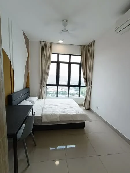 Bedroom features: queen-size bed, upholstered headboard, bedside table, desk with chair, floor-to-ceiling windows, sheer curtains, ceiling fan, wall-mounted split AC, light-colored walls, tile flooring; style: modern; view: city.