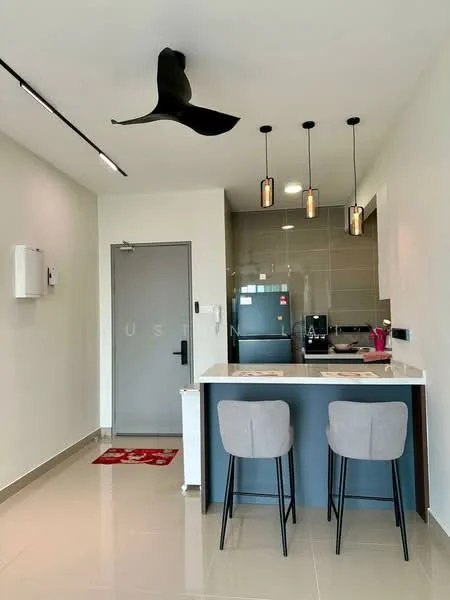 Kitchen features: white painted walls, grey cabinetry, marble countertop, stainless-steel fridge, built-in oven, freestanding range oven, pendant lighting, 2 bar stools, tile flooring, 5-blade ceiling fan with light; style: modern. Room features: door with security lock, intercom panel, decorative welcome mat.