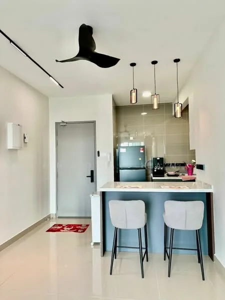 Kitchen features: white painted walls, glossy tile flooring, pendant lighting, black ceiling fan, kitchen island with seating, stainless-steel fridge, built-in countertop, wall-mounted cabinets, sink, stove, kitchen utensils on countertop; style: modern. Room features: main entrance door, decorative welcome mat.