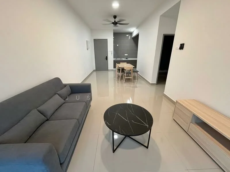 Living features: grey fabric 3-seater sofa, black coffee table with marble pattern, light wood TV console, white painted walls, glossy tile flooring, ceiling fan, dining table with 4 chairs, recessed downlights; style: modern.