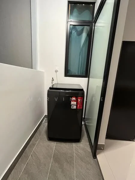 Laundry features: black top-load washing machine, grey tile flooring, white painted walls, glass window with black frame, corner space, plumbing connection, power outlet; style: modern.