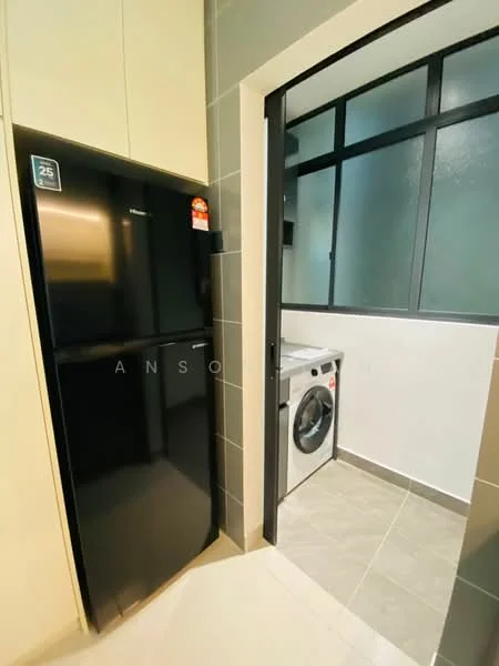 Laundry features: black fridge, front-load washing machine, grey tile flooring, light grey walls, window with black frame, sliding glass door, countertop, cabinets above fridge; style: modern.