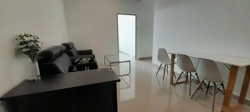 Living features: black leather sofa, glass coffee table, white dining table, 4 white dining chairs, cream painted walls, glossy tile flooring, decorative vase with flowers, open layout; style: modern.