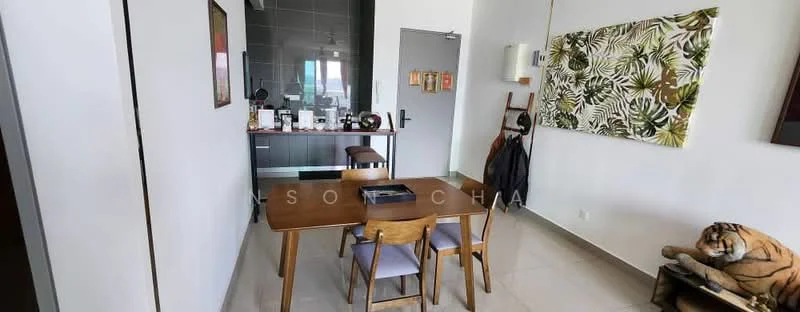 Dining features: dining table with 4 wooden chairs, white painted walls, grey tiled flooring, decorative wall art with tropical pattern, floor-to-ceiling windows, open layout to kitchen, wall-mounted coat rack, decorative plant, tiger statue; style: modern. Room features: grey cabinetry, kitchen area visible in background.