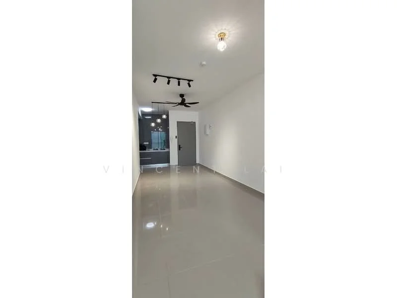 Room features: white painted walls, polished ceramic tile flooring, 5-blade ceiling fan with light, track lighting, glass door, sliding glass window, neutral color scheme, open layout; style: modern.