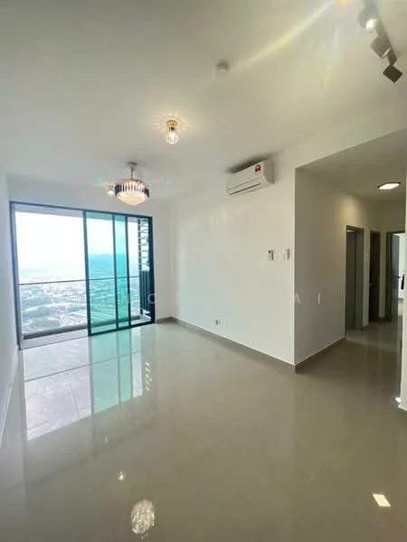 Living features: large floor-to-ceiling windows, city view, white painted walls, polished ceramic tile flooring, recessed downlights, chandelier, wall-mounted split AC, open layout, neutral color scheme; style: modern; view: city.