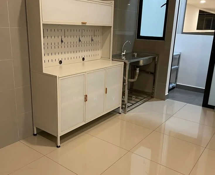 Room features: white cabinetry with upper and lower storage, open shelving with pegboard, stainless-steel sink, grey tiled backsplash, grey floor tiles, large window providing natural light, metal frame for additional storage, neutral wall tiles; style: modern.