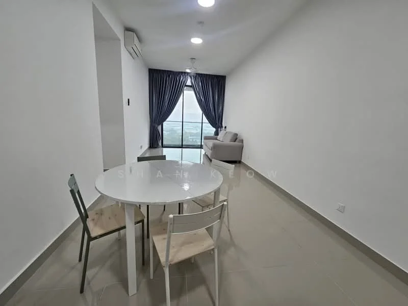 Living features: floor-to-ceiling windows, grey curtains, 3-blade ceiling fan, sofa in light grey, round dining table, 4 dining chairs, white painted walls, tile flooring, air conditioning unit; style: modern; view: city.