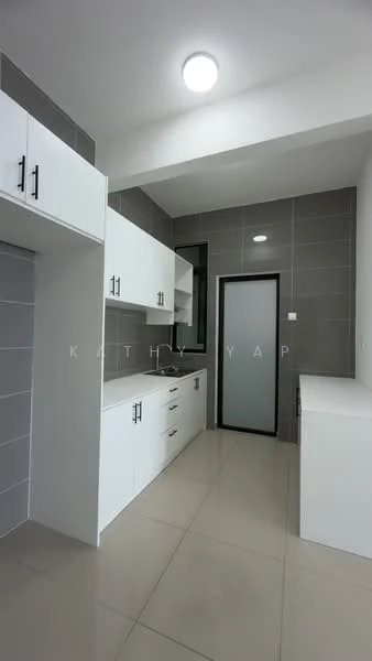 Kitchen features: white cabinetry with flat-panel doors, grey tiled backsplash, stainless-steel sink, chrome pull-down faucet, built-in oven, 4-burner gas hob, white countertop, recessed LED downlights, grey ceramic tile flooring, sliding glass door, wall-mounted cabinets, open shelving; style: modern.