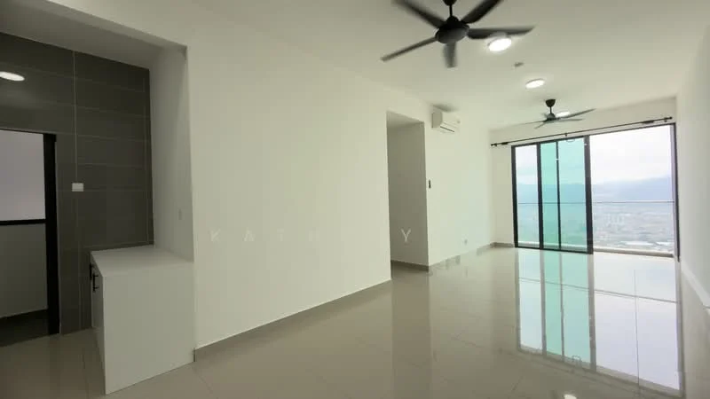 Living features: white painted walls, glossy ceramic tile flooring, 5-blade ceiling fan with light, floor-to-ceiling windows, sliding glass door, city view, recessed downlights, air conditioning unit; style: modern; view: city. Kitchen features: grey tiled walls, white cabinetry, countertop with storage, open layout, built-in appliances; style: modern.
