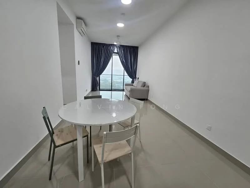 Dining features: round white dining table, 4 dining chairs, grey fabric sofa, floor-to-ceiling windows, curtains in dark blue, light grey walls, tile flooring, 1 wall-mounted split AC, recessed downlights; style: modern; view: city.