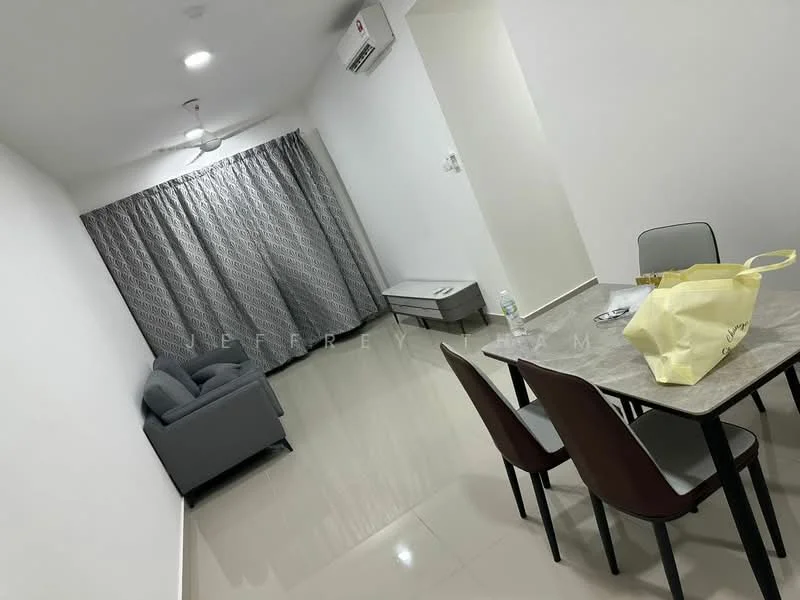 Living features: grey fabric sofa, 4-seater dining table, brown dining chairs, light grey curtains with geometric pattern, wall-mounted TV console, white walls, polished tile flooring, ceiling fan; style: modern.