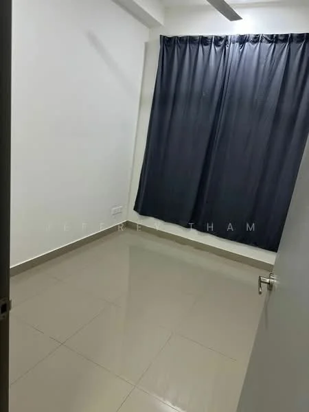 Room features: white painted walls, grey tiled flooring, black curtain, ceiling fan, door, window, corner room layout; style: modern.