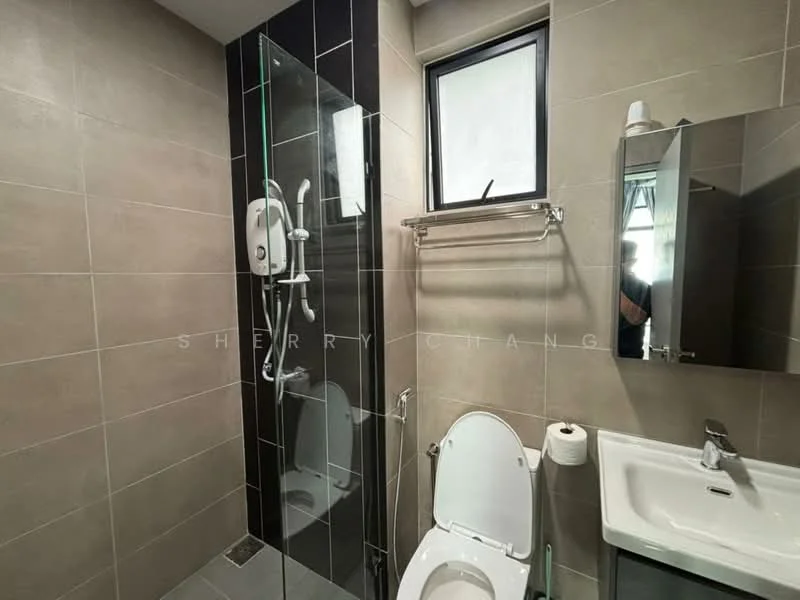 Bathroom features: walk-in shower with glass enclosure, rain shower head, handheld shower, single-sink vanity with white cabinet, chrome basin mixer, toilet, towel rail, tile cladding on walls, ceramic tile flooring, window for natural light; style: modern.