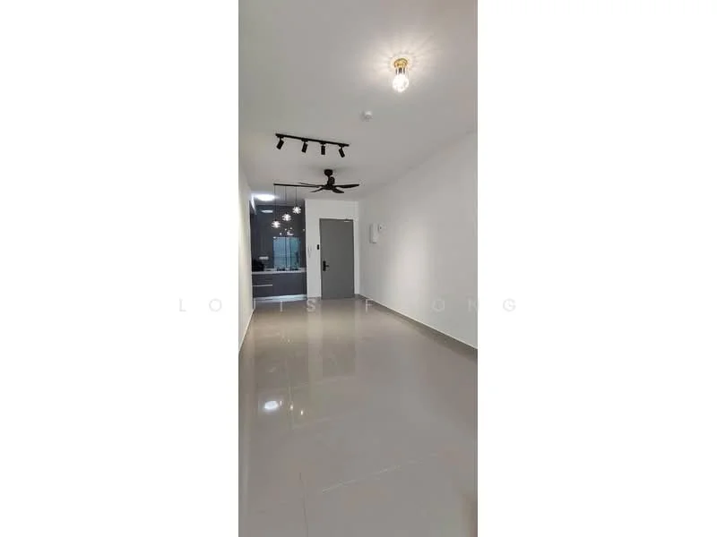 Room features: white painted walls, glossy tile flooring, 5-blade ceiling fan with light, track lighting, door to adjacent room, large window with natural light; style: modern.